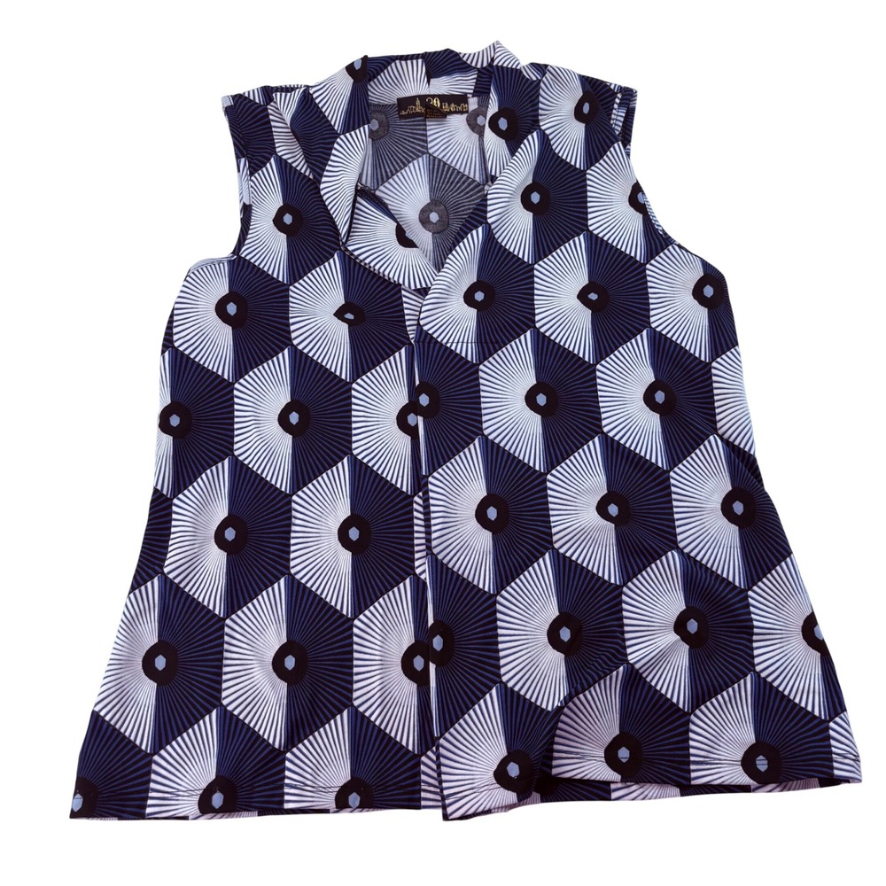 80 Park Womens Large Sleeveless Geometric Hexagon Print Blouse Blue Black White